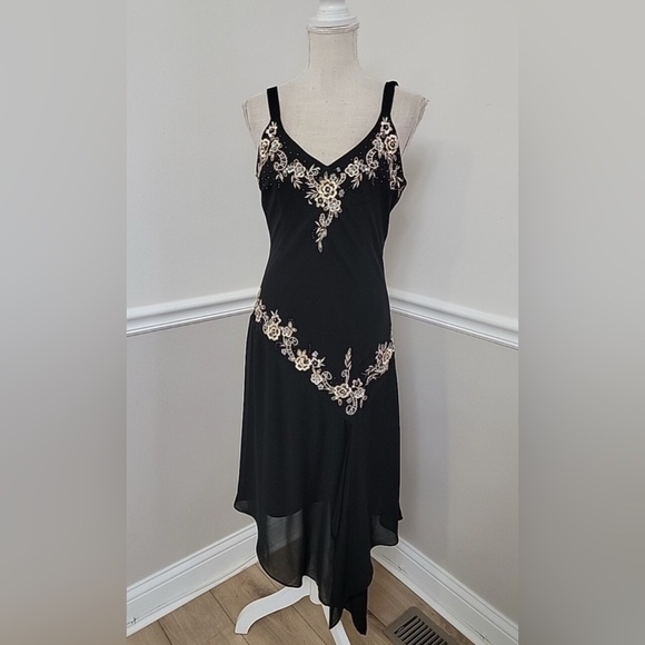 Vintage R&M Richards Black Floral Handkerchief Hem Dress 14P Y2K Fairy Flapper - Picture 1 of 11